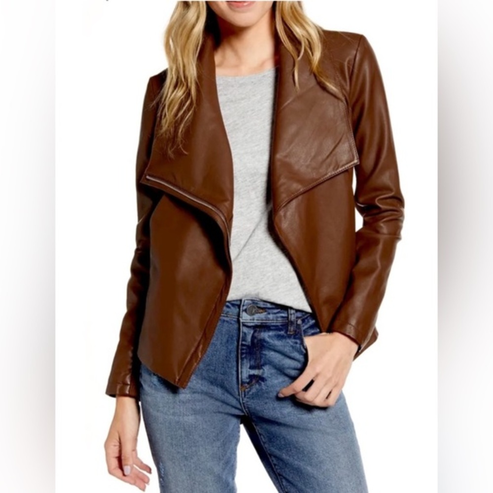 BB Dakota‎ Gabrielle Smokey Brown Zip Front Vegan Leather Jacket Sz Med NWT
